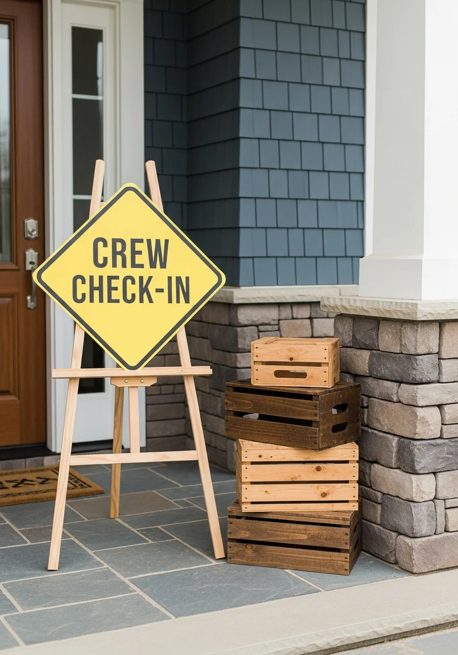 A yellow diamond sign on a wooden easel at a party entrance.