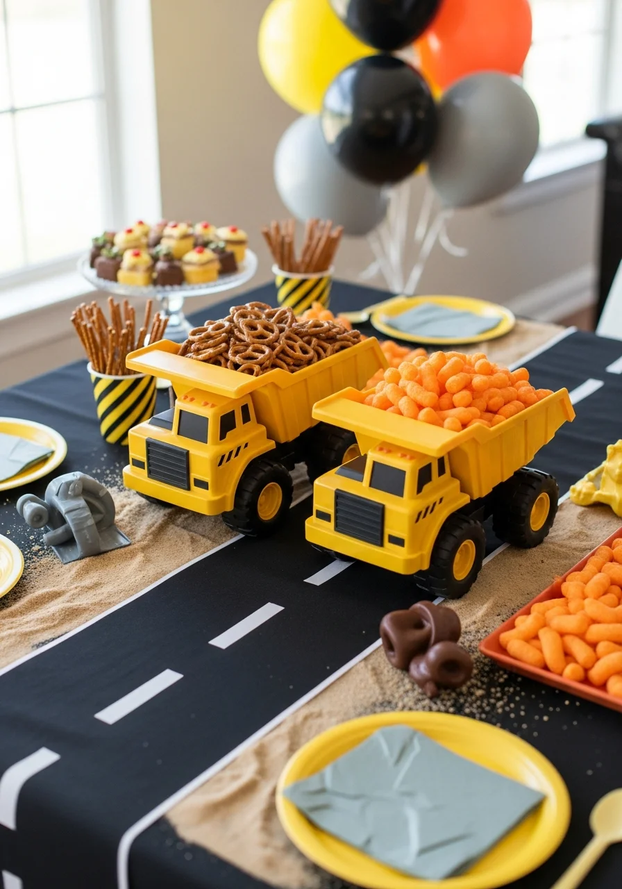 Toy dump trucks used as serving bowls for snacks on a themed party table.