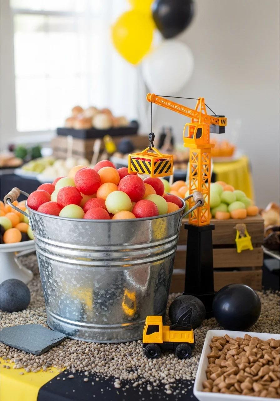 A metal bucket of melon balls with a toy crane on the rim.