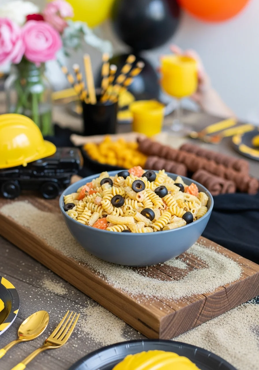 A bowl of rotini and penne pasta salad on a rustic wood surface.
