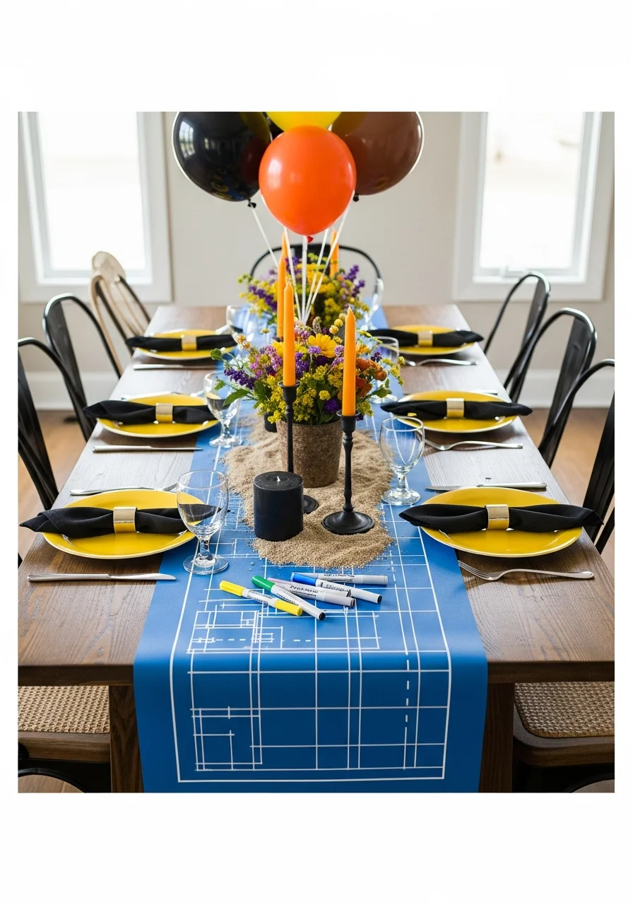 A blue paper table runner with white grid lines and party place settings.