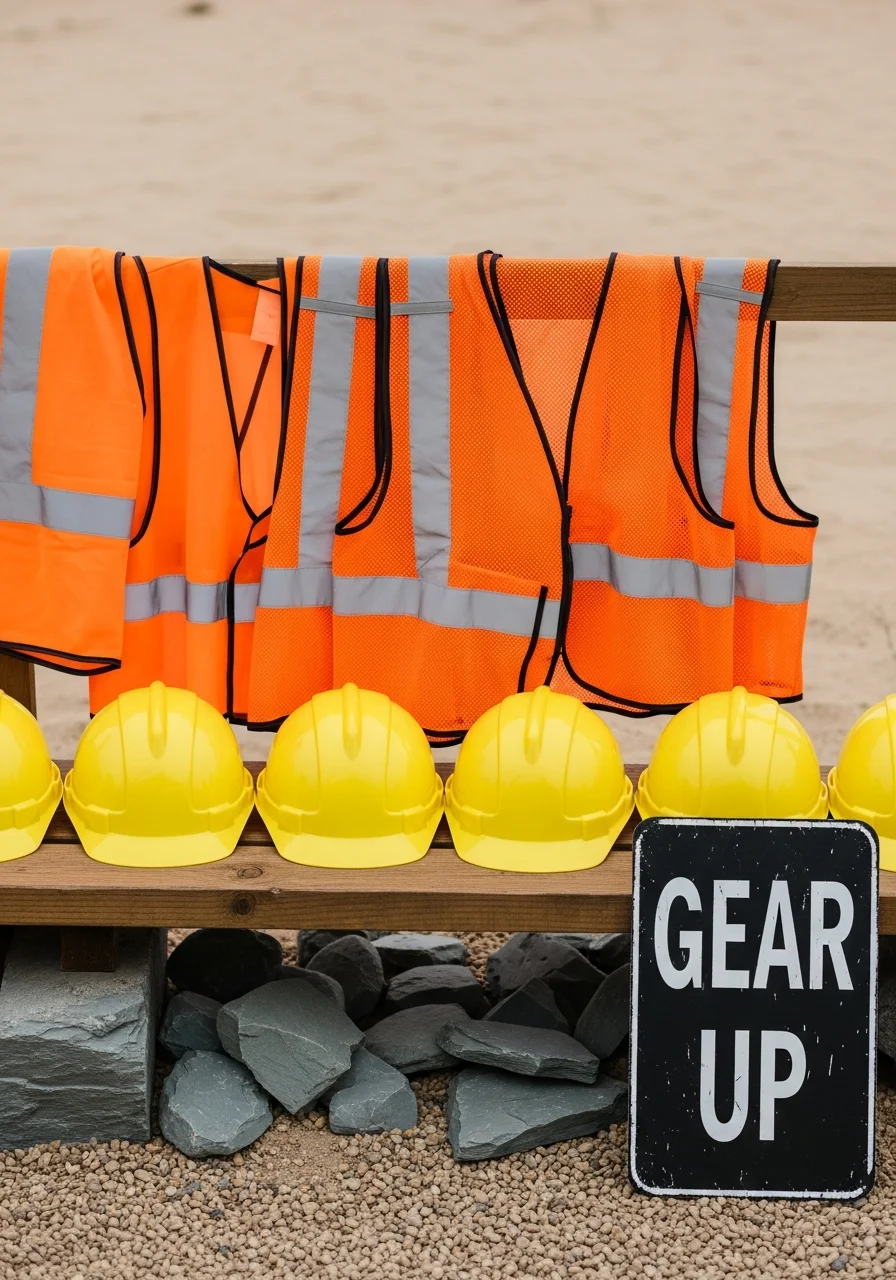 A station with yellow hard hats and orange vests for children.
