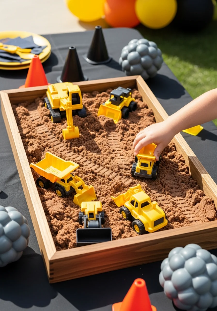 A sensory bin filled with sand and small construction toy trucks.