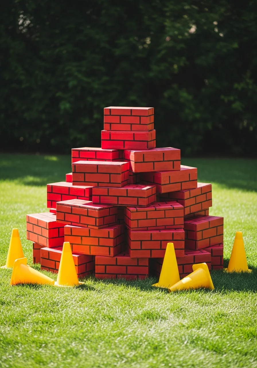 Large cardboard boxes painted like bricks stacked in a yard.