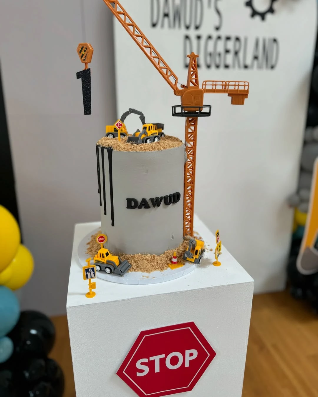 Concrete Pillar Crane Cake construction birthday party ideas
