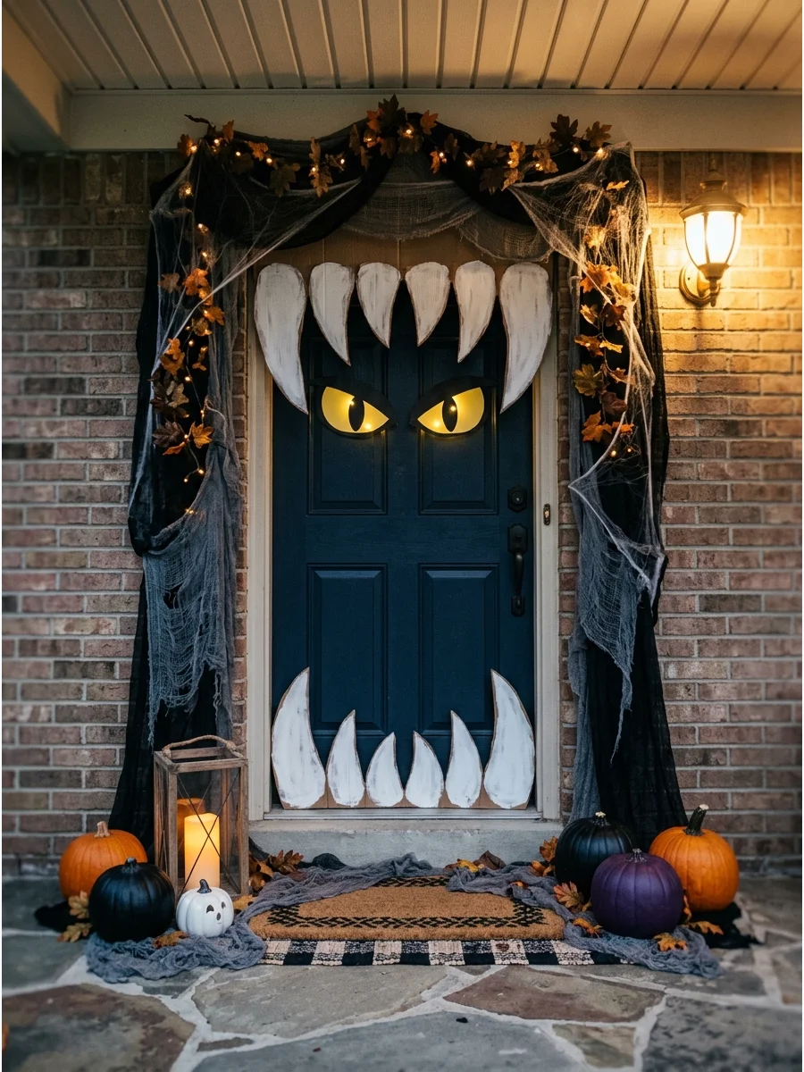 DIY monster-themed front door decoration with large white teeth and yellow eyes.