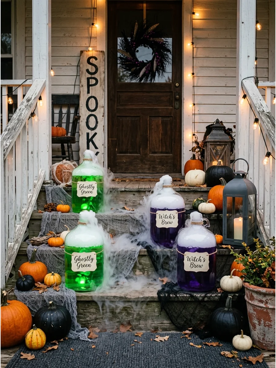 Glowing potion bottles with fog on porch steps.