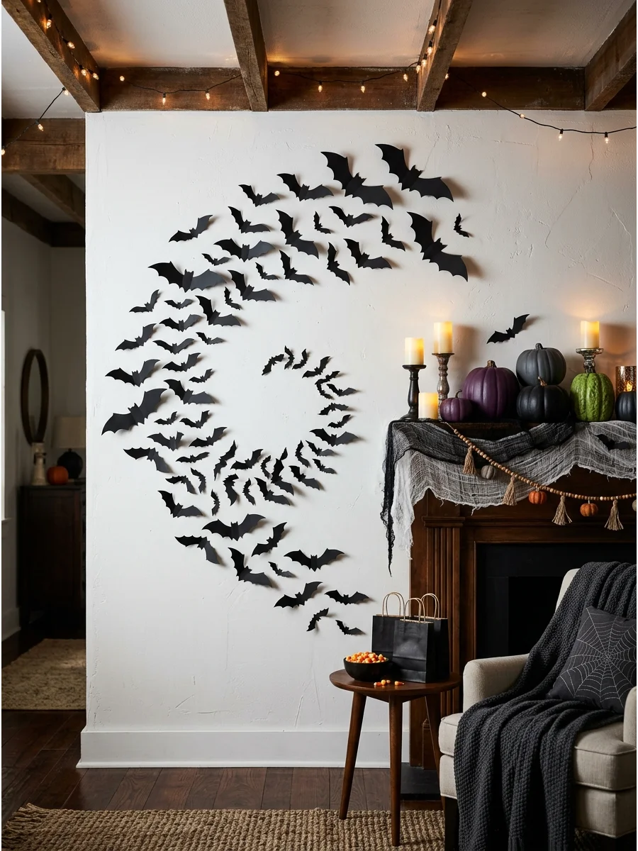 A swarm of black paper bats flying across a white wall.