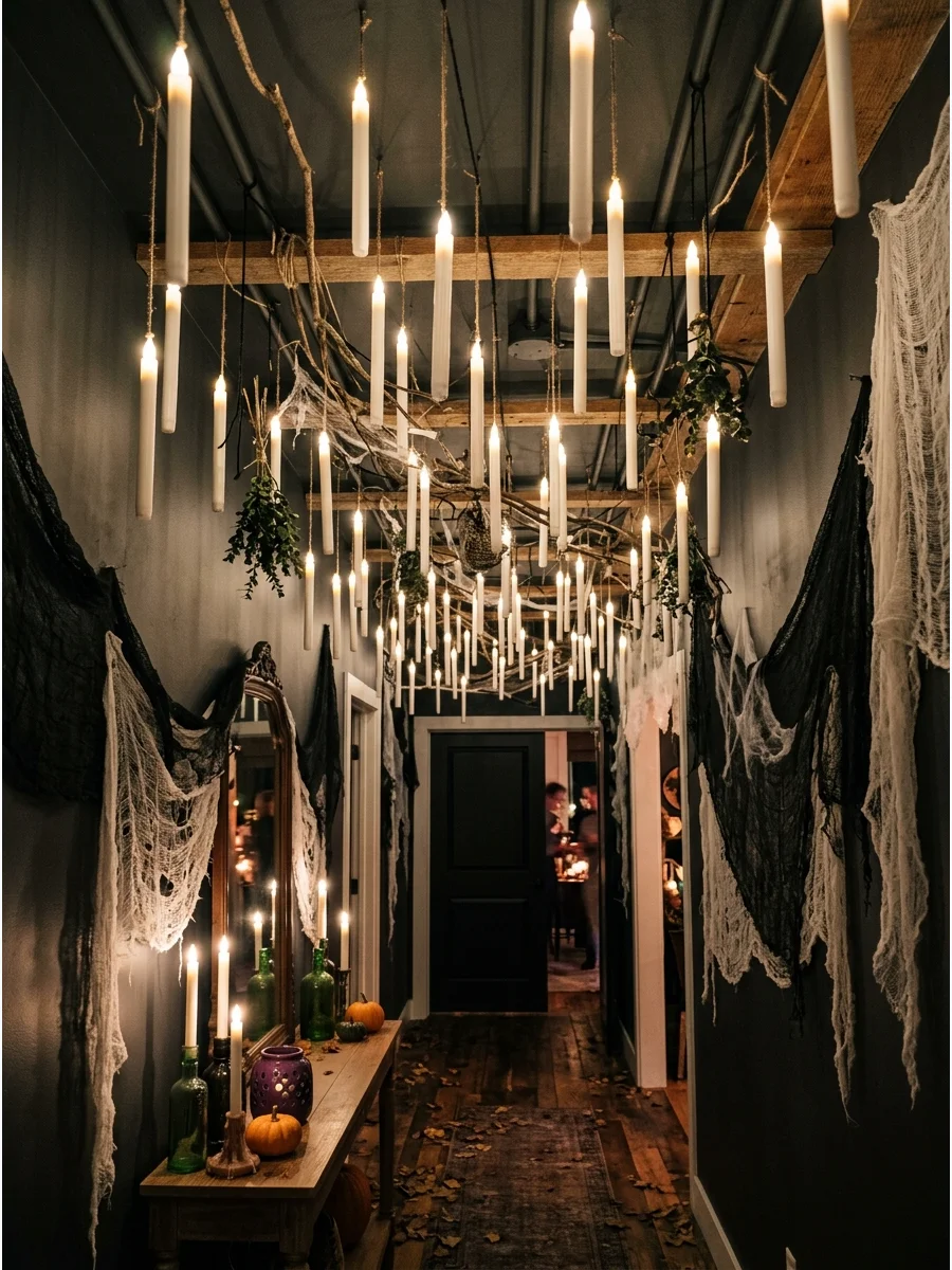 Floating white candles suspended from a ceiling with flickering lights.