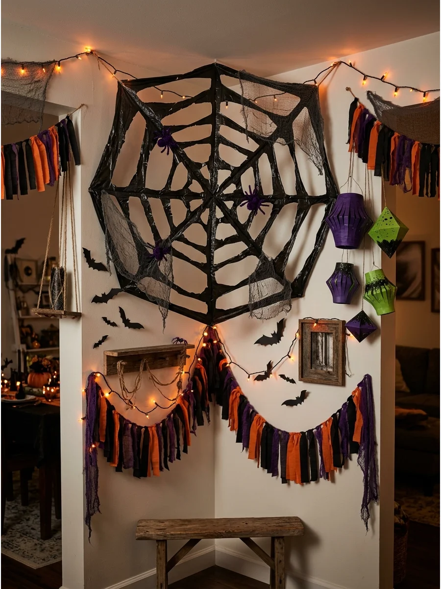 Large black spider web made from a recycled trash bag.