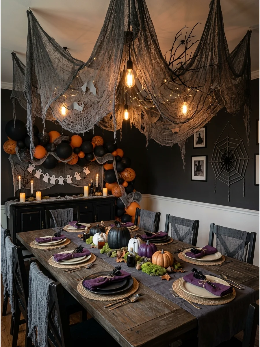 Tattered grey gauze drapes hanging from a room ceiling.