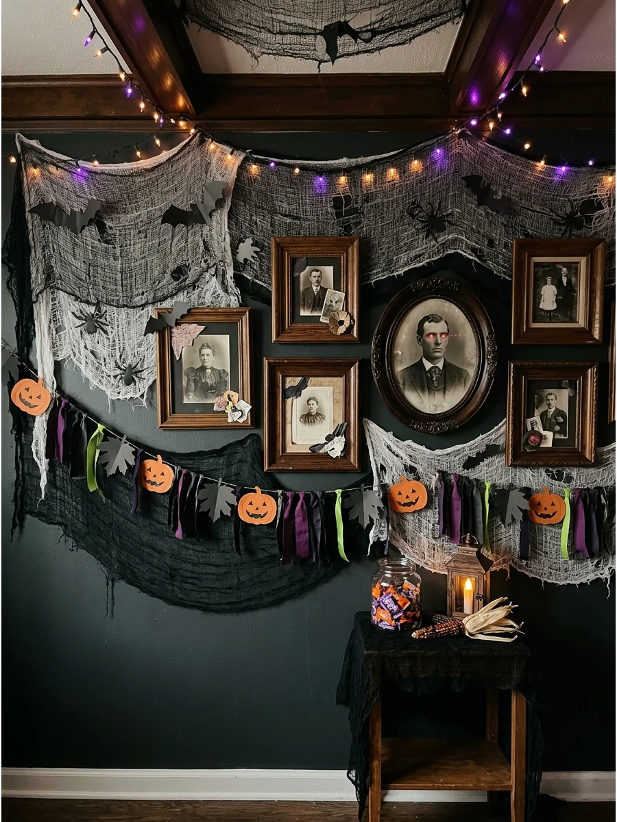 Vintage portraits in dark frames with glowing red eyes.