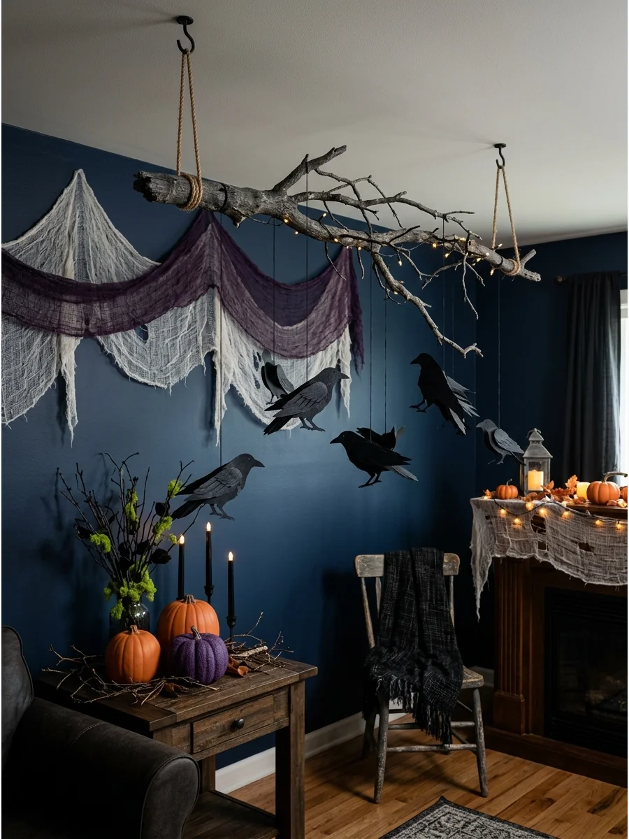 Black ravens hanging from a suspended dry tree branch.