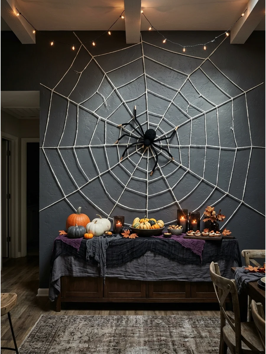 Large white yarn spider web on a dark grey wall.