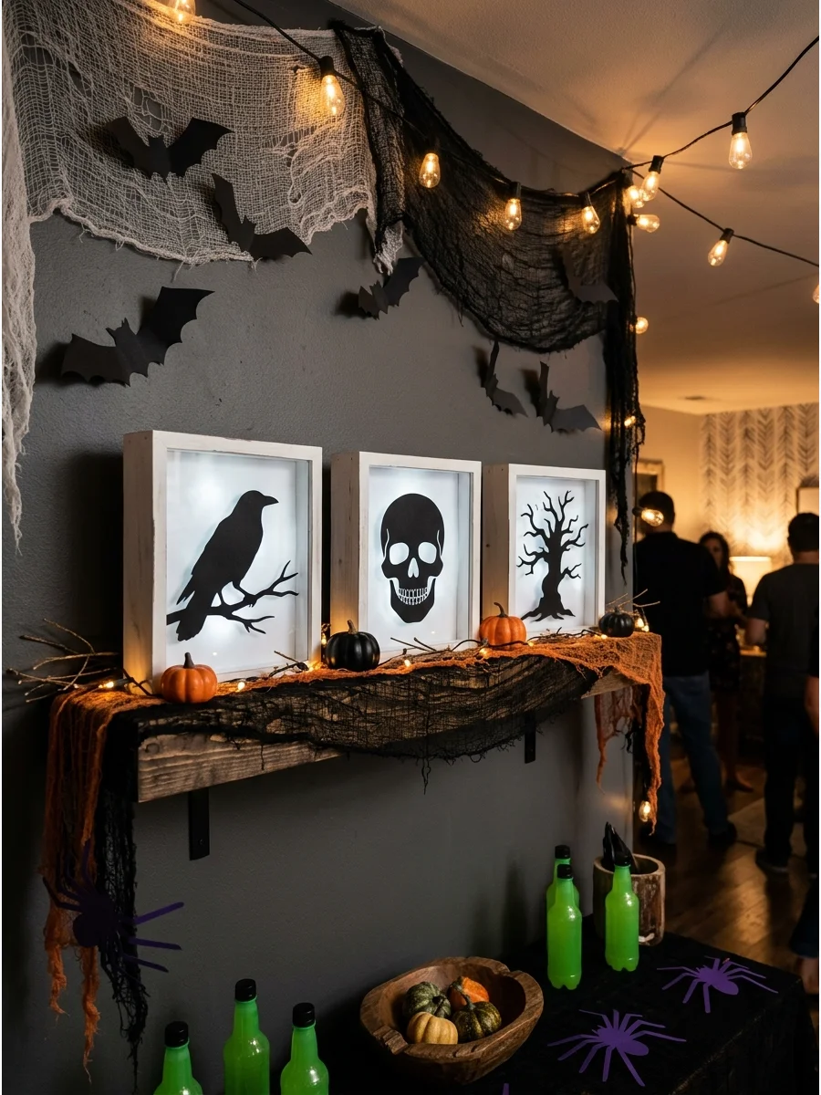 Shadow boxes with black Halloween silhouettes and internal lighting.