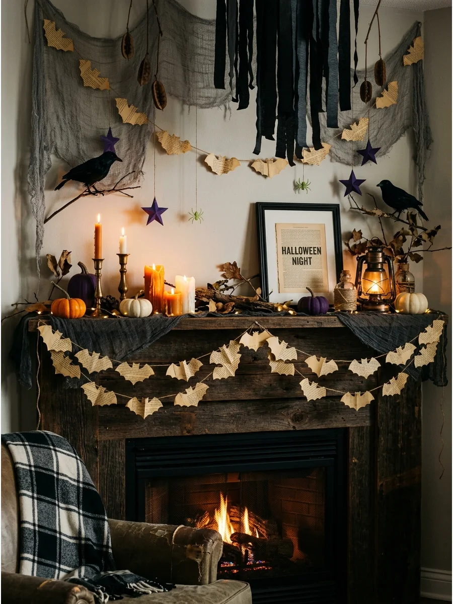 Garland made from vintage book pages cut into bat shapes.