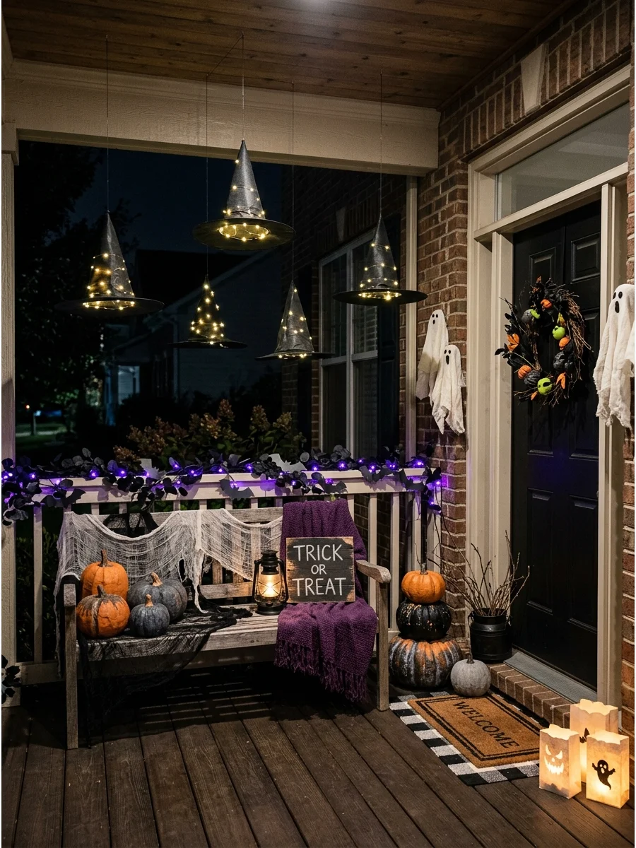 Floating black witch hats with internal glowing lights on a porch.