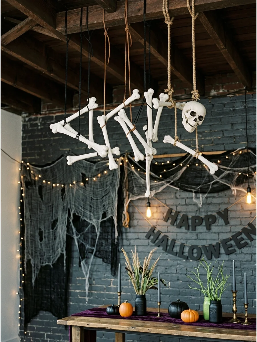 Disassembled skeleton bones hanging from a ceiling by clear wire.