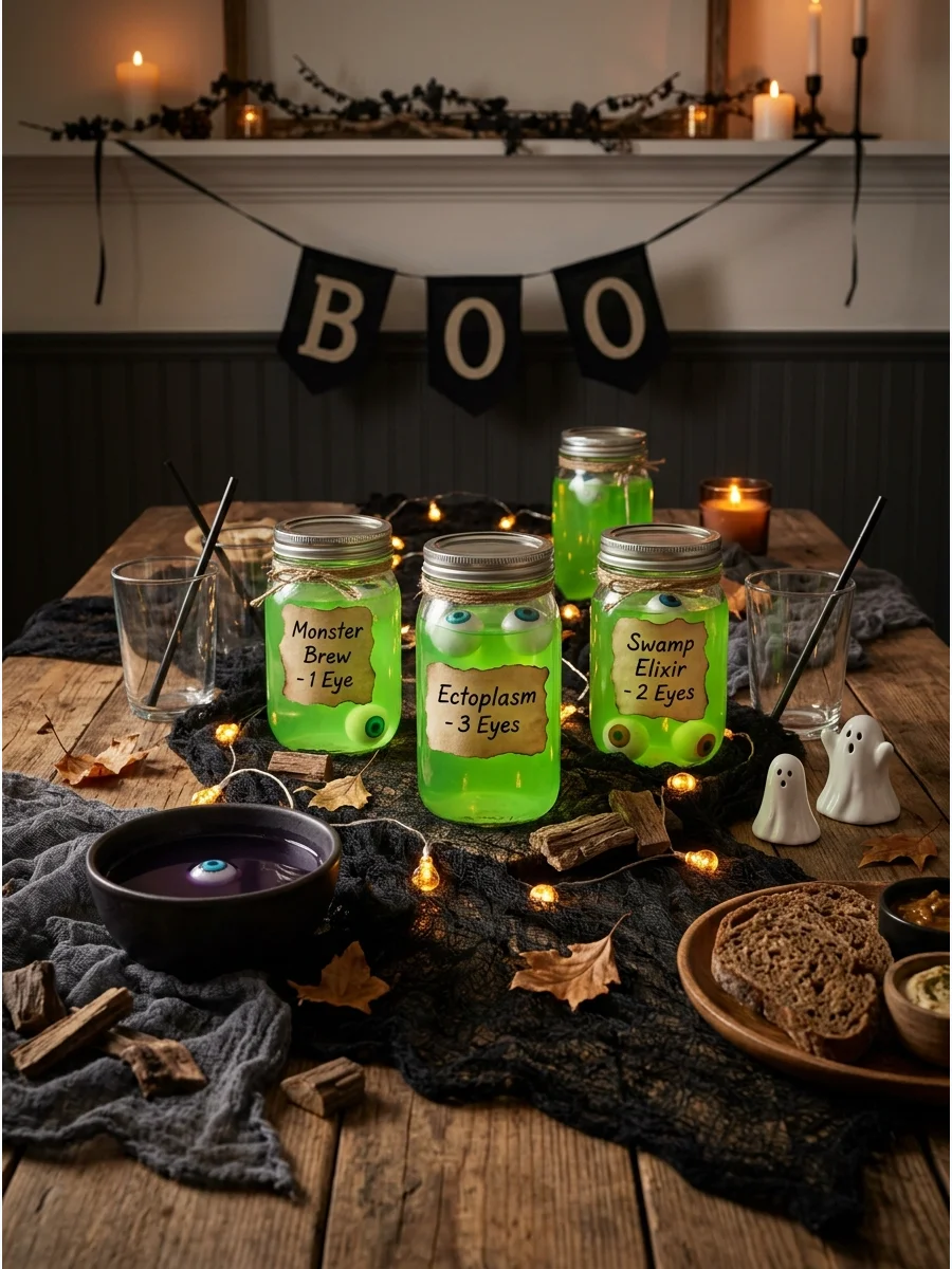 Glass apothecary jars with green liquid and specimen labels.