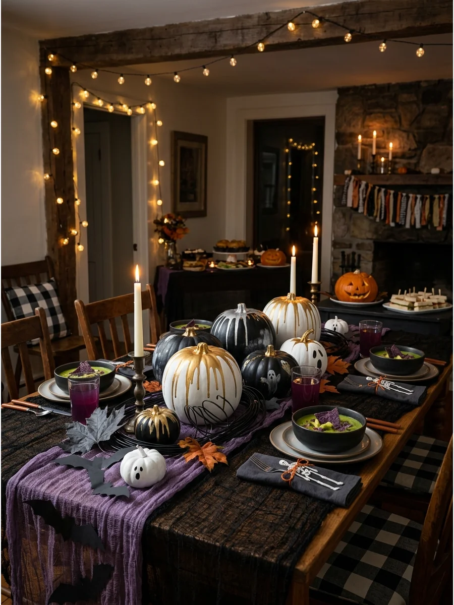 Matte black and white painted pumpkins on a dining table.