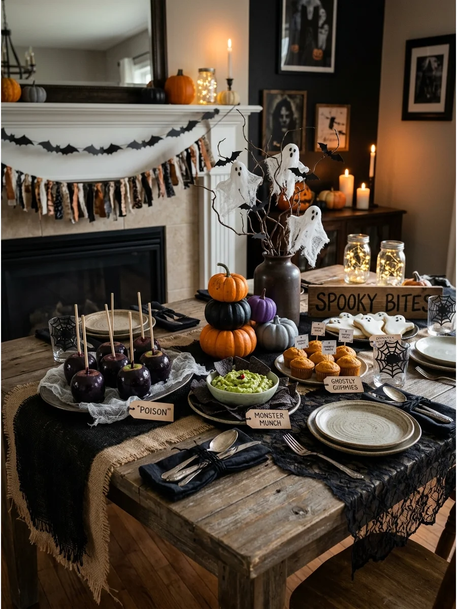 Frayed black burlap table runner with a lace overlay.
