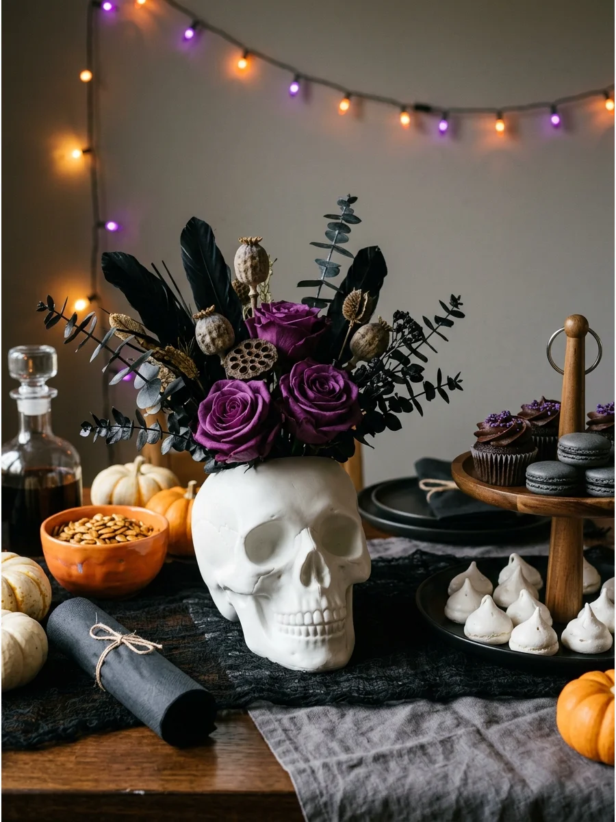 Plastic skull vase filled with dark purple roses and feathers.