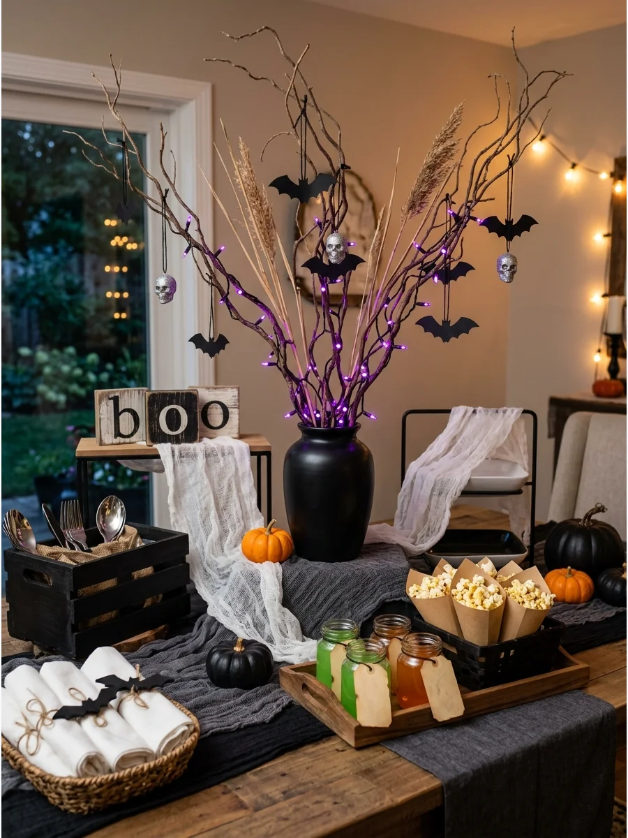 Tall vase with black branches and small Halloween ornaments.