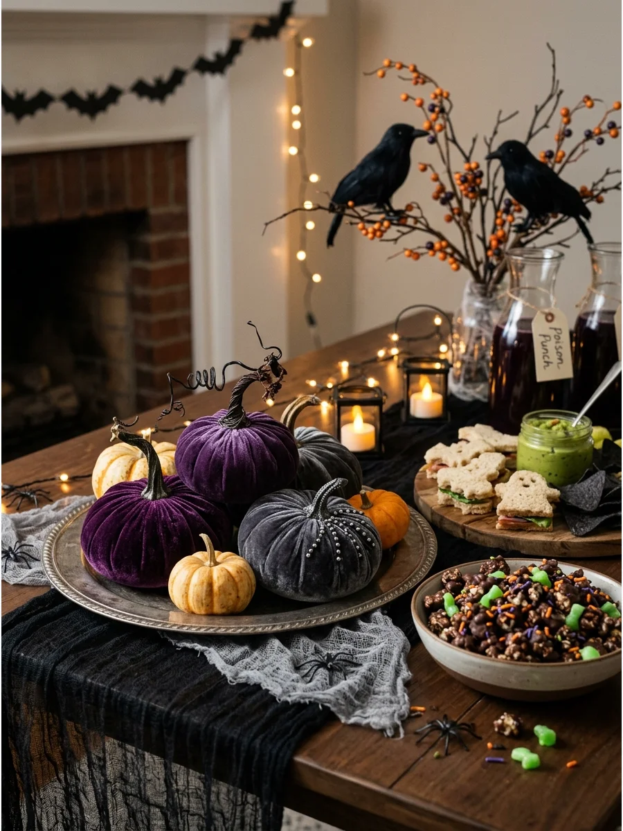 Handmade velvet pumpkins in purple and grey on a tray.