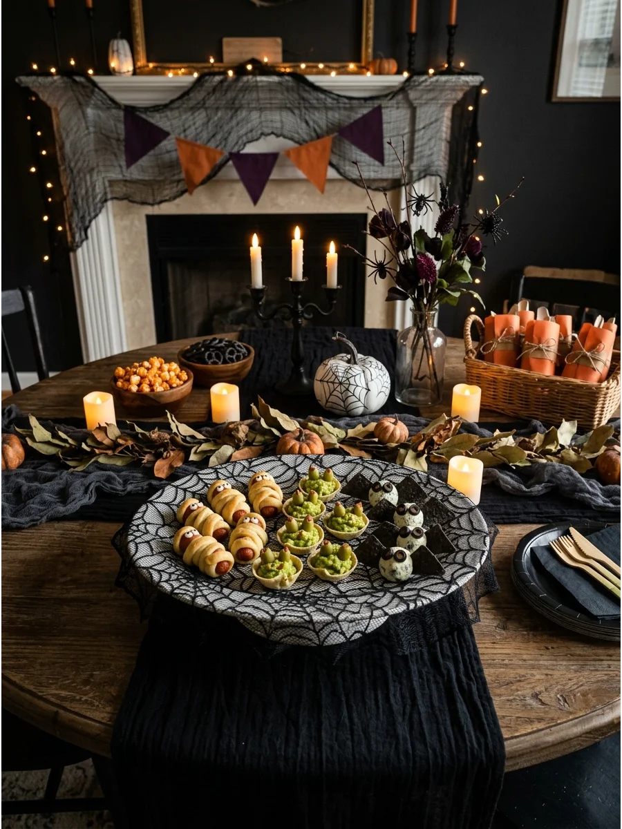 White platter with black lace overlay for a Halloween buffet.