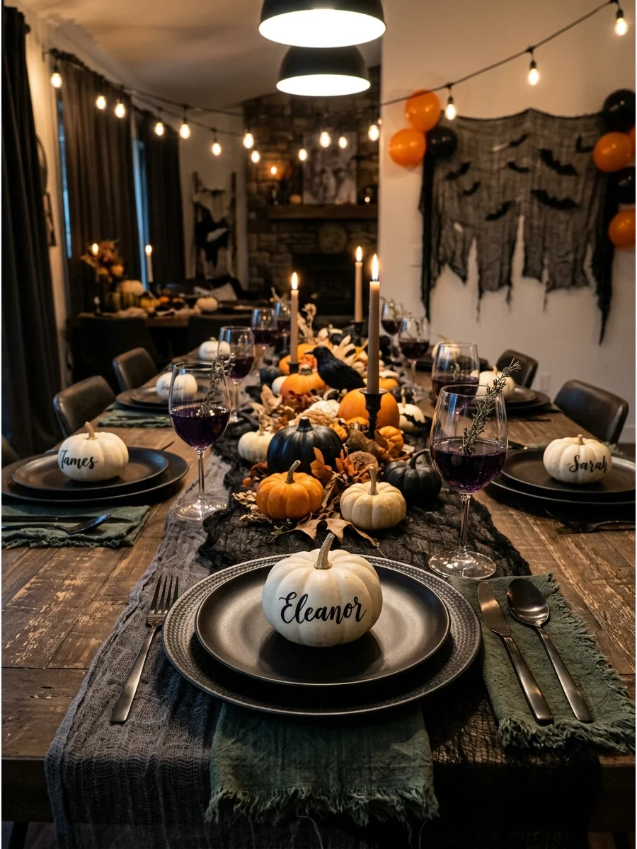 Small white gourd used as a personalized place card on a black plate.