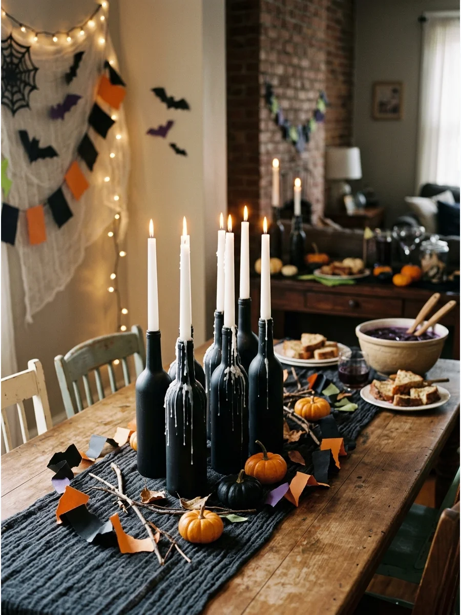Matte black wine bottles used as taper candle holders with drips.