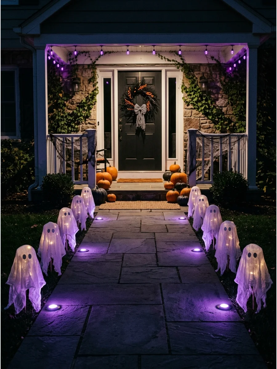 Small cheesecloth ghosts standing along a garden path at night.