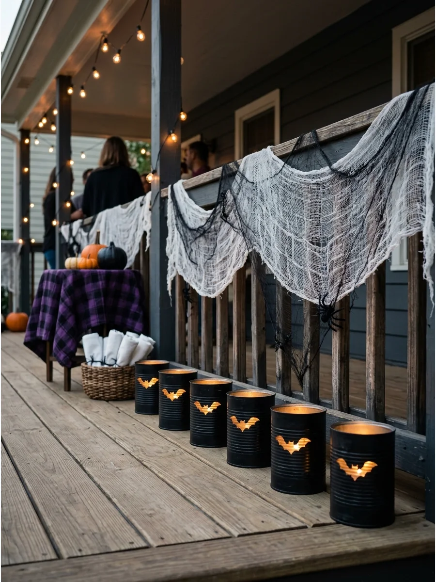Tin can lanterns with bat-shaped holes and internal candles.