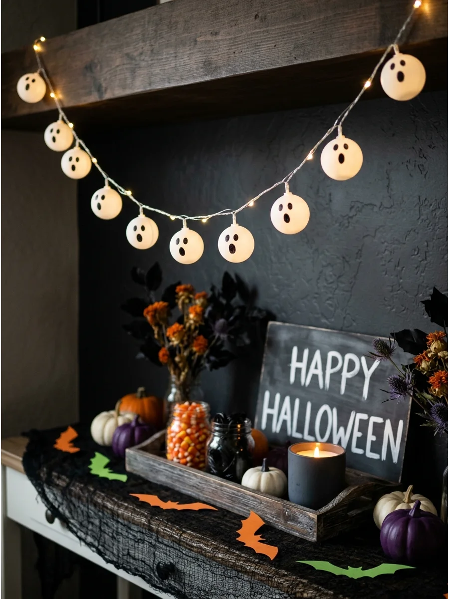 String lights made of ping pong ball ghosts with black faces.