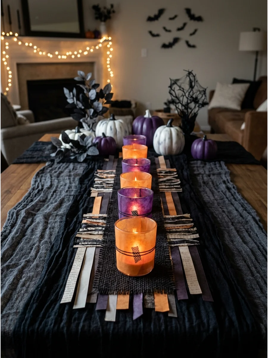 Glass candle holders wrapped in colored vellum paper.