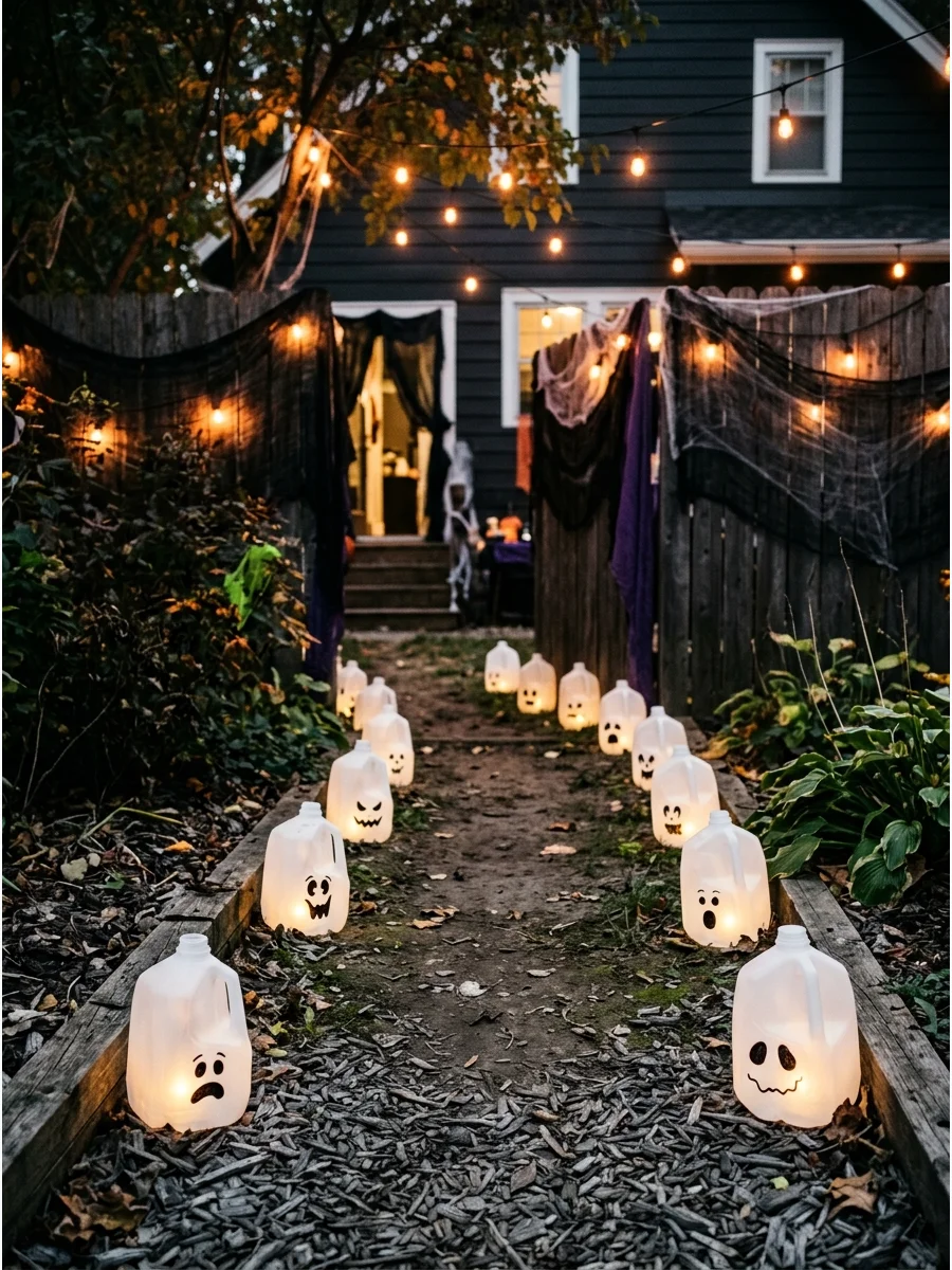Glowing milk jug ghosts lining a dark walkway.