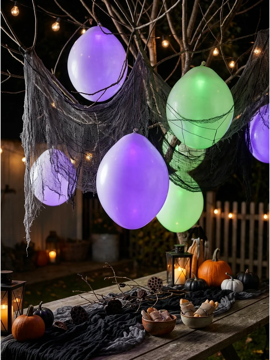 Glowing white balloons hanging from trees at night.