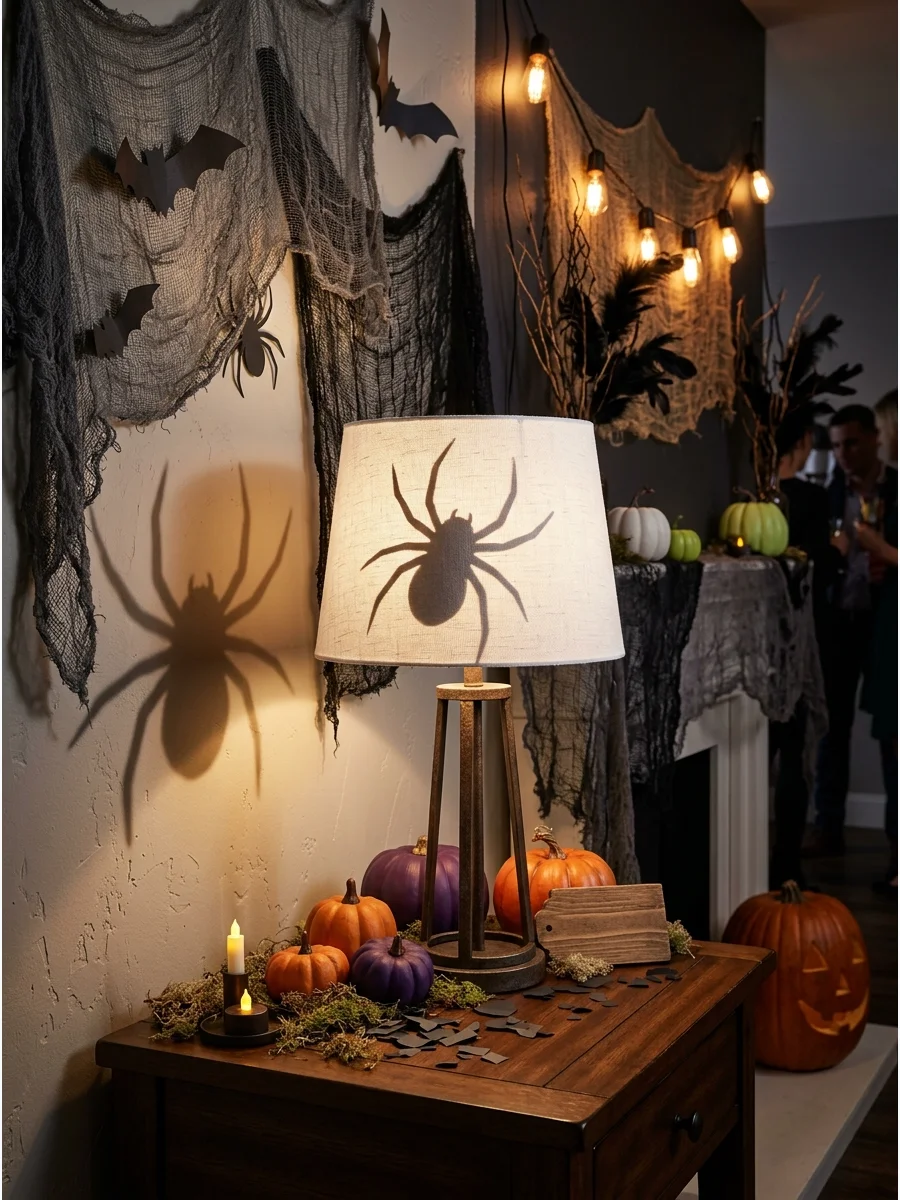 Lampshade with a hidden spider silhouette casting a shadow.