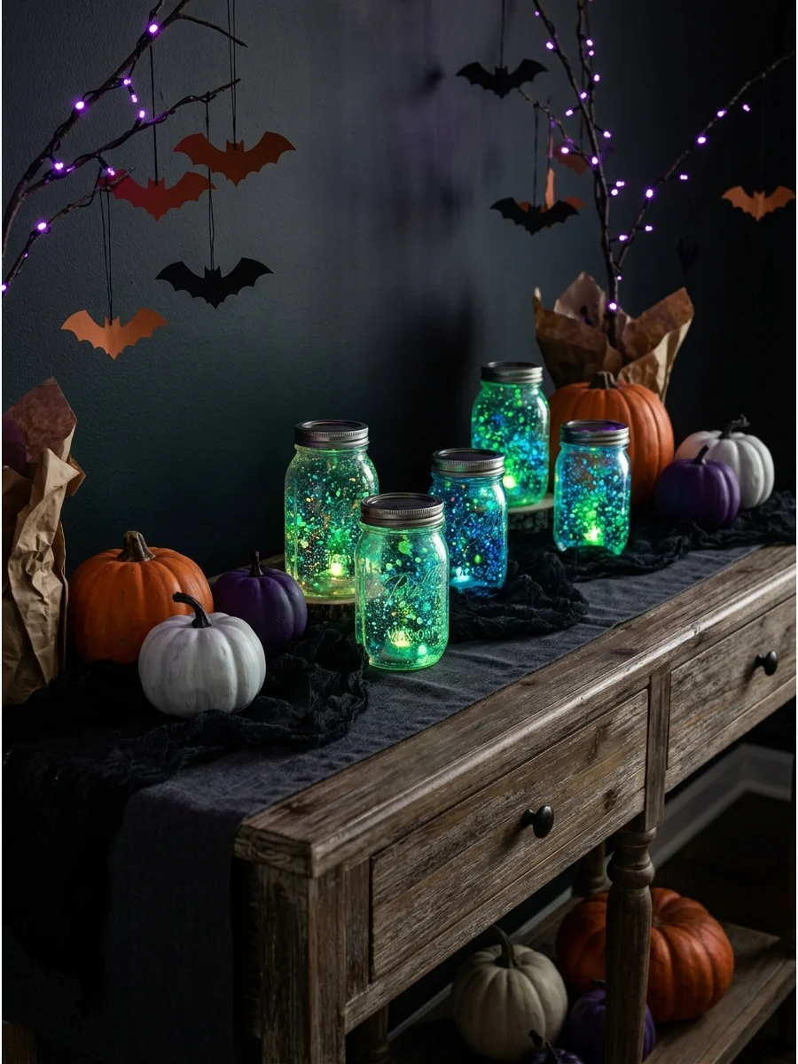 Mason jars with glow-in-the-dark paint dots inside.