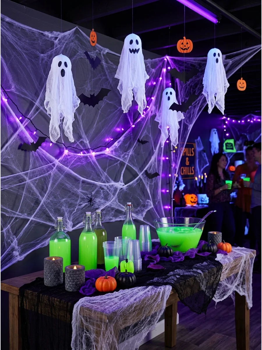Party room with black light illumination and glowing decorations.