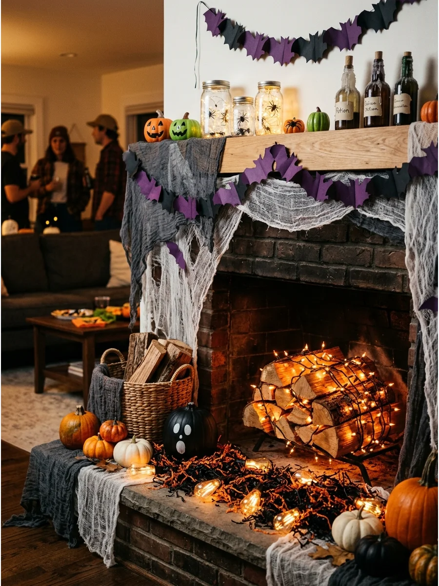 Faux fireplace logs with orange lights mimicking a fire.