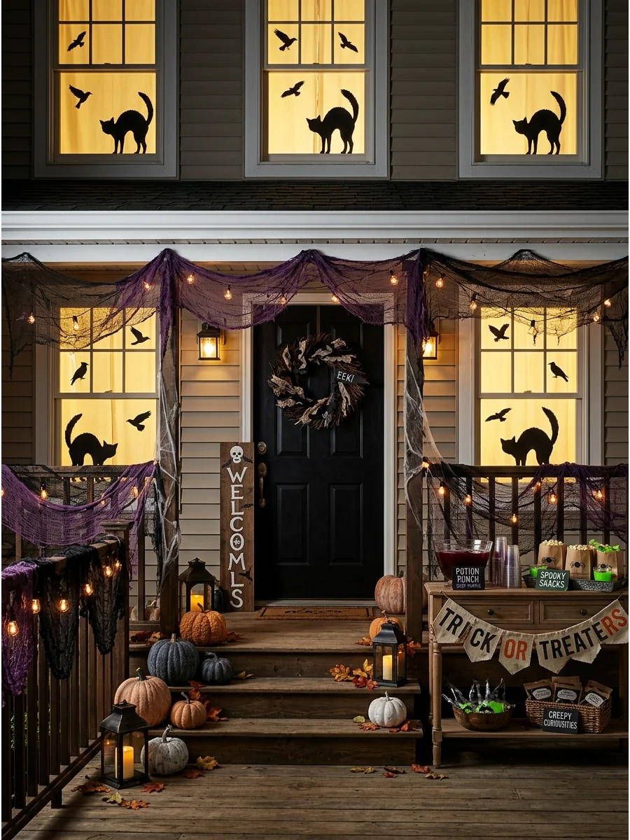 Black paper silhouettes of cats and birds displayed in lit windows.