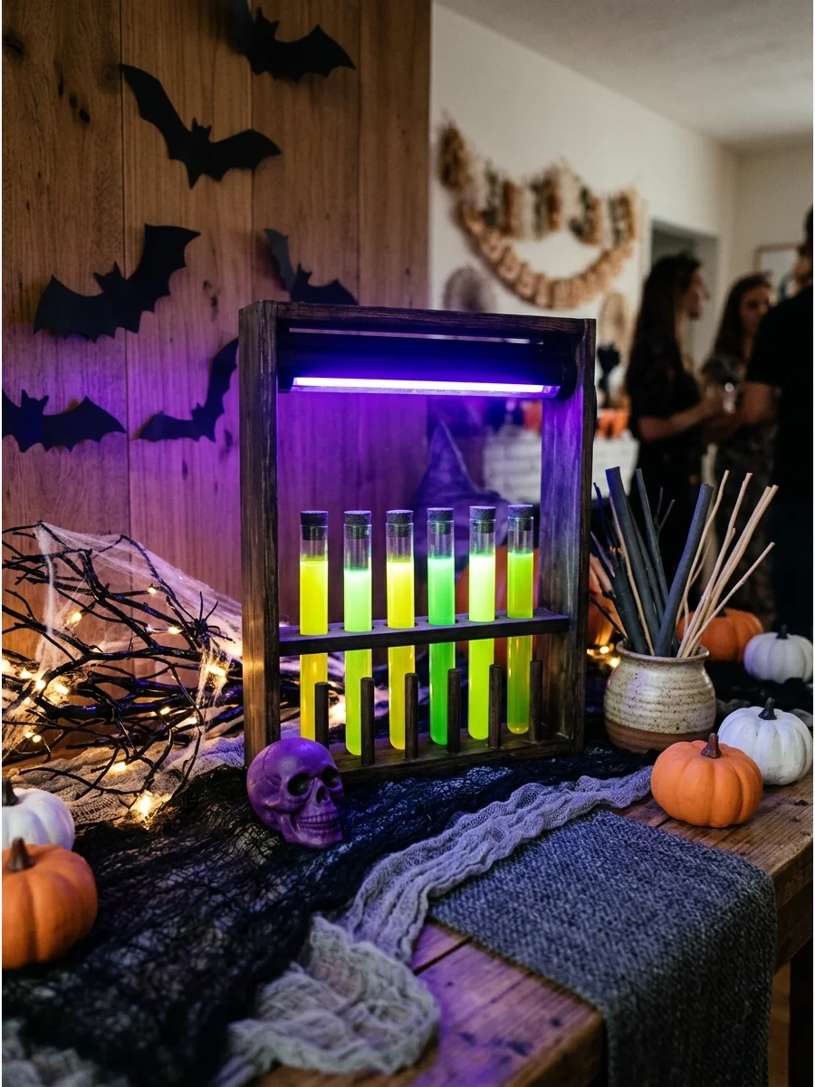Glowing test tubes filled with neon liquid on a display rack.