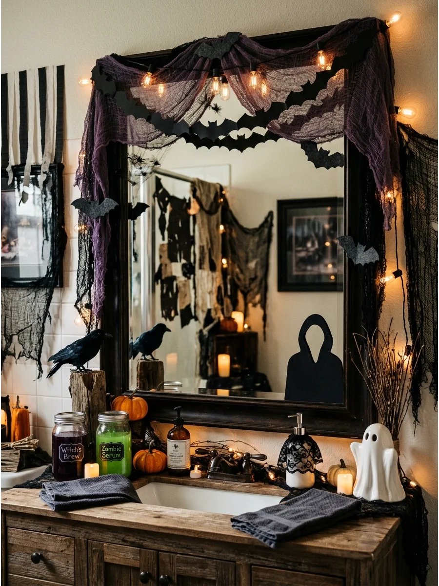 Bathroom mirror with a spooky black silhouette cling.