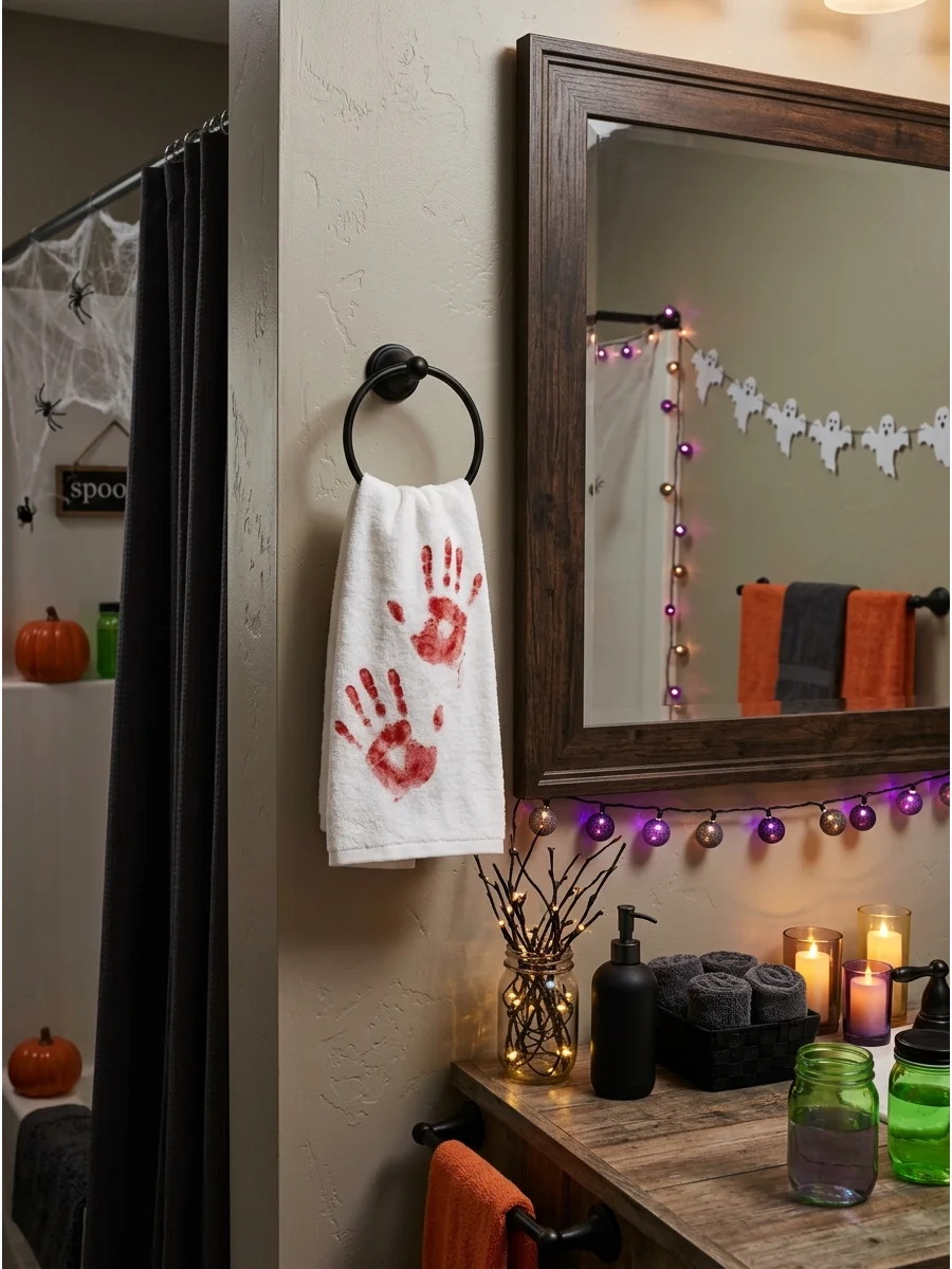 White hand towel with red handprints hanging on a rack.
