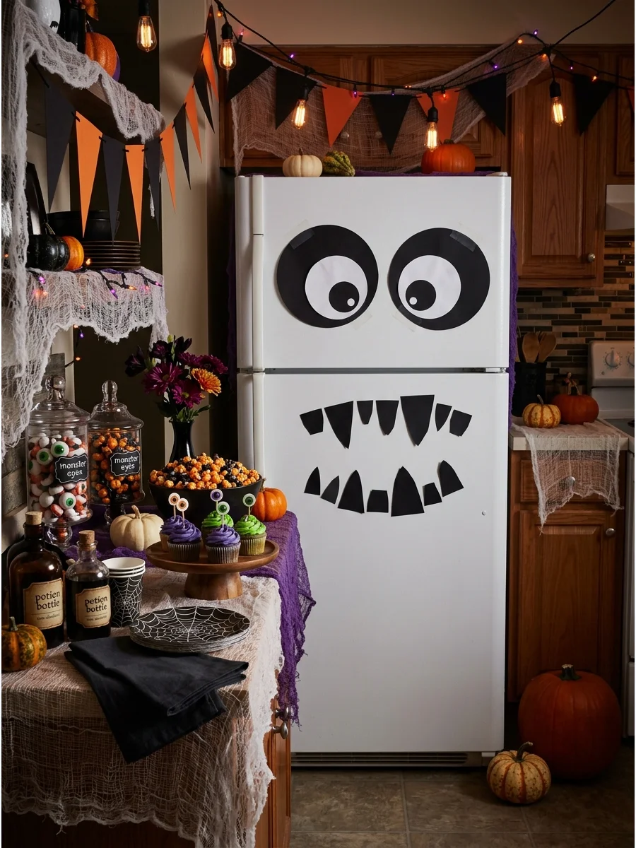 Refrigerator decorated to look like a large monster face.