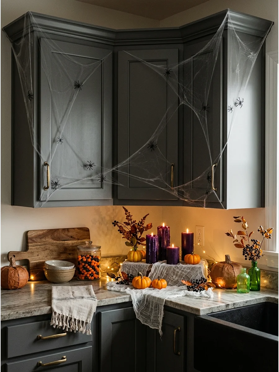 Kitchen cabinets decorated with faux spider webs and spiders.