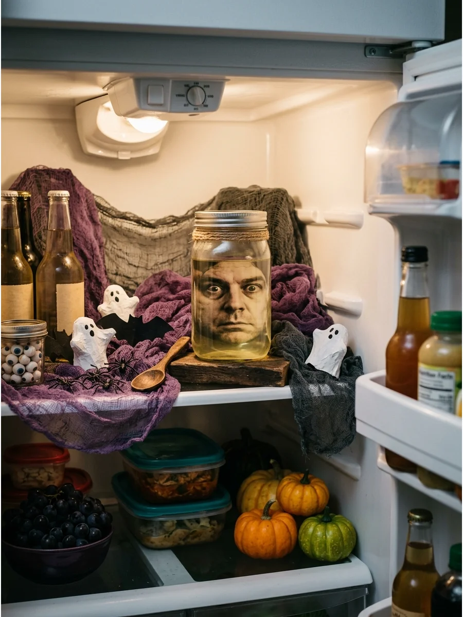 A 'head in a jar' prank inside a refrigerator using a submerged photo.