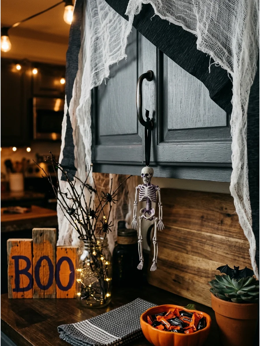 Small plastic skeleton hanging from a kitchen cabinet knob.