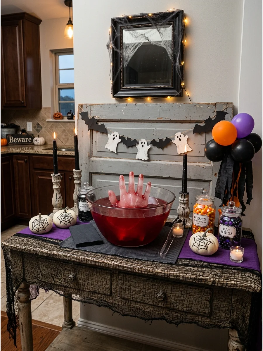 Hand-shaped ice mold floating in a red punch bowl.